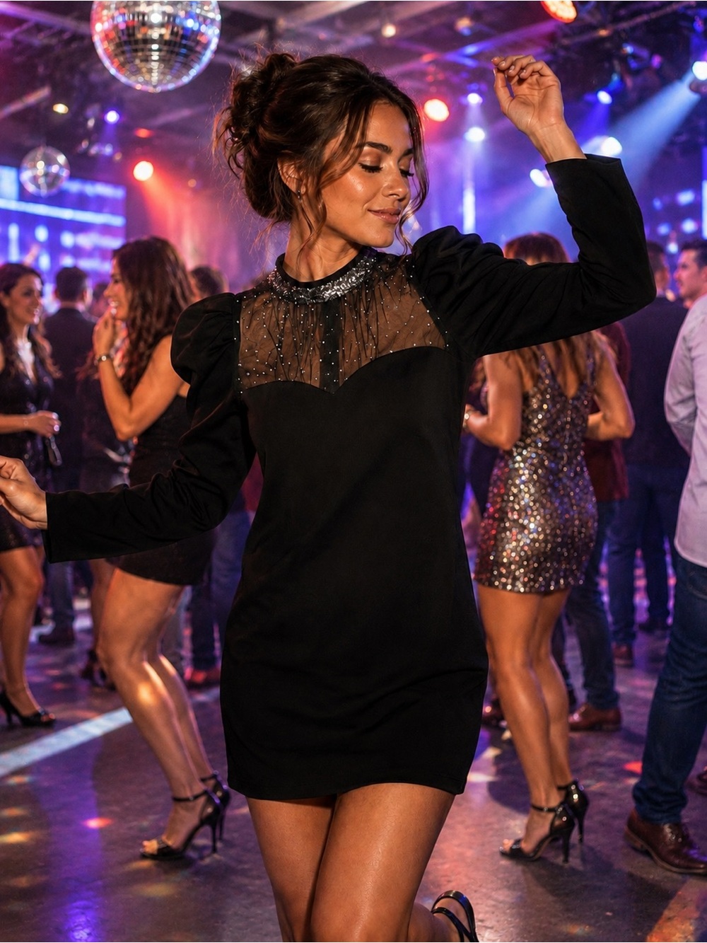 Black Sheer Puff Sleeve Dress